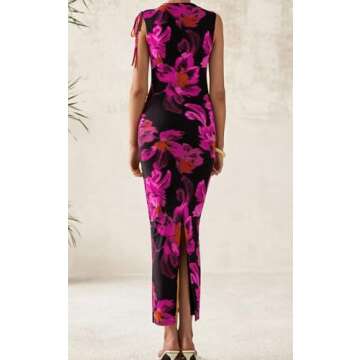 PRETTYGARDEN Women's Summer Dresses 2025 Sleeveless Ruched Bodycon Maxi Floral Mesh Evening Wedding ...