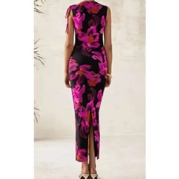 PRETTYGARDEN Women's Summer Dresses 2025 Sleeveless Ruched Bodycon Maxi Floral Mesh Evening Wedding ...