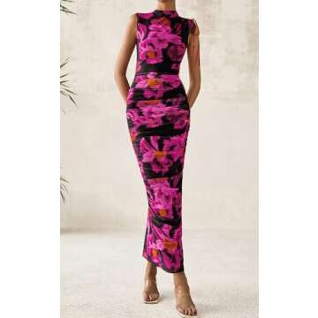 PRETTYGARDEN Women's Summer Dresses 2025 Sleeveless Ruched Bodycon Maxi Floral Mesh Evening Wedding Guest Party Cocktail Split Long Dress (Floral Black Pink,S)