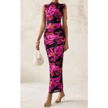 PRETTYGARDEN Women's Summer Dresses 2025 Sleeveless Ruched Bodycon Maxi Floral Mesh Evening Wedding Guest Party Cocktail Split Long Dress (Floral Black Pink,S)