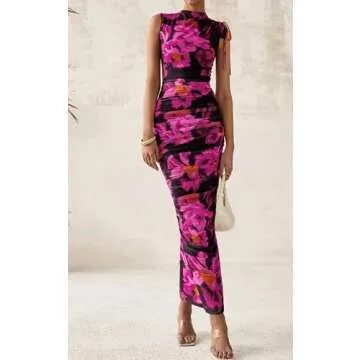 PRETTYGARDEN Women's Summer Dresses 2025 Sleeveless Ruched Bodycon Maxi Floral Mesh Evening Wedding Guest Party Cocktail Split Long Dress (Floral Black Pink,S)