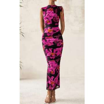 PRETTYGARDEN Women's Summer Dresses 2025 Sleeveless Ruched Bodycon Maxi Floral Mesh Evening Wedding Guest Party Cocktail Split Long Dress (Floral Black Pink,S)