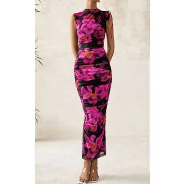 PRETTYGARDEN Women's Summer Dresses 2025 Sleeveless Ruched Bodycon Maxi Floral Mesh Evening Wedding Guest Party Cocktail Split Long Dress (Floral Black Pink,S)