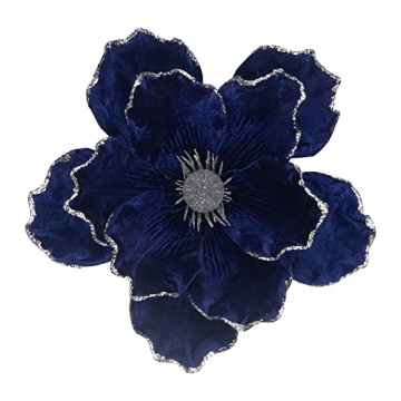 KI Store Blue Velvet Magnolia Flowers Pack of 6 Oversize Artificial Christmas Poinsettia Floral Pick...