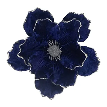 KI Store Blue Velvet Magnolia Flowers Pack of 6 Oversize Artificial Christmas Poinsettia Floral Pick...