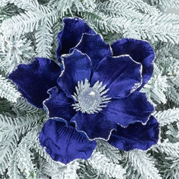 Elegant Blue Velvet Magnolia Flowers for Christmas Decor