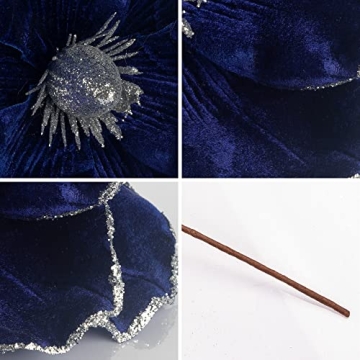Elegant Blue Velvet Magnolia Flowers for Christmas Decor