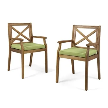 Christopher Knight Home Peter Outdoor Acacia Wood Dining Chair Set of 2, Teak/Green Cushion