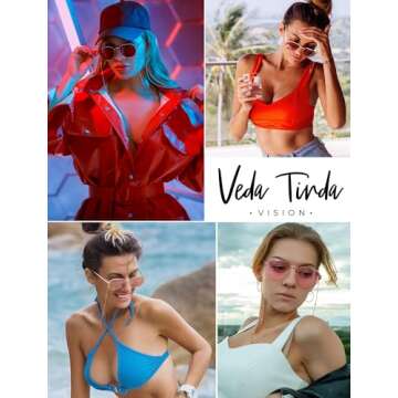 Veda Tinda Vision Green Sunglasses For Women Trendy Retro 70s 90s Festival Tinted Vintage Polarized Metal Frame Oversized Square Shades Womens Accessories UV400 Protection with Glasses Chain C05S04