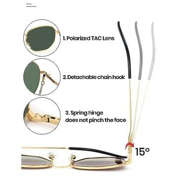 Veda Tinda Vision Green Sunglasses For Women Trendy Retro 70s 90s Festival Tinted Vintage Polarized Metal Frame Oversized Square Shades Womens Accessories UV400 Protection with Glasses Chain C05S04