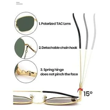 Veda Tinda Vision Green Sunglasses For Women Trendy Retro 70s 90s Festival Tinted Vintage Polarized Metal Frame Oversized Square Shades Womens Accessories UV400 Protection with Glasses Chain C05S04