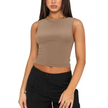 REORIA Women's Summer Sexy Open Back High Neck Sleeveless Tank Top Double Lined Y2k Trendy Backless Crop Tops Khaki Small
