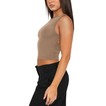 REORIA Women's Summer Sexy Open Back High Neck Sleeveless Tank Top Double Lined Y2k Trendy Backless Crop Tops Khaki Small