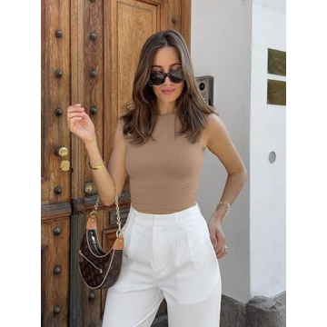 REORIA Women's Summer Sexy Open Back High Neck Sleeveless Tank Top Double Lined Y2k Trendy Backless Crop Tops Khaki Small