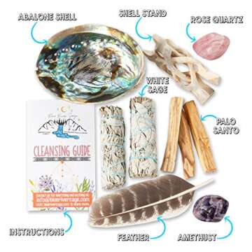 Home Cleansing & Smudging Kit with White Sage, Palo Santo, Abalone & Stand, Smudge Feather & Guide -...