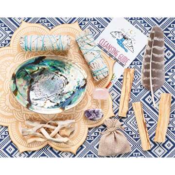 Home Cleansing & Smudging Kit with White Sage, Palo Santo, Abalone & Stand, Smudge Feather & Guide - Smudge Kit with Sage Smudge Sticks
