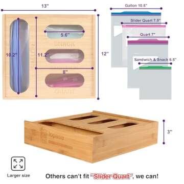 LOPASA Baggie Organizer for Drawer Compatible with Ziplock Food Storage Bag, Sandwich Bag Organization for Kitchen Drawer, Plastic Baggie Storage Box for Pantry(Bamboo)