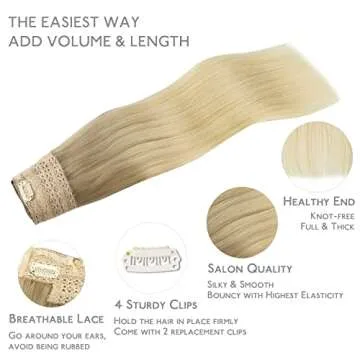 WENNALIFE Wire Hair Extensions (Increase 50% Lifespan) Real Human Hair 16 inch 125g Ash Blonde to Golden Blonde Balayage Platinum Blonde Real Hair Extensions Invisible Wire Hair Extensions Fish Line