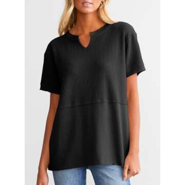 SHEWIN Womens Shirts Casual Waffle Knit Top Loose V Neck Short Sleeve T Shirt Business Work Tunic Su...