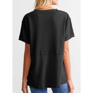 SHEWIN Womens Shirts Casual Waffle Knit Top Loose V Neck Short Sleeve T Shirt Business Work Tunic Summer Tops for Women Trendy 2025,US 4-6(S),Black