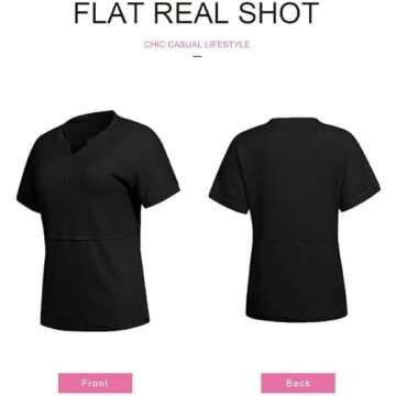 SHEWIN Womens Shirts Casual Waffle Knit Top Loose V Neck Short Sleeve T Shirt Business Work Tunic Summer Tops for Women Trendy 2025,US 4-6(S),Black