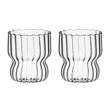 MANMAOHE 10 Oz Ribbed Glass Cups Set of 2 Creative Wavy Drinking Glasses Vintage Ribbed Glassware Vi...