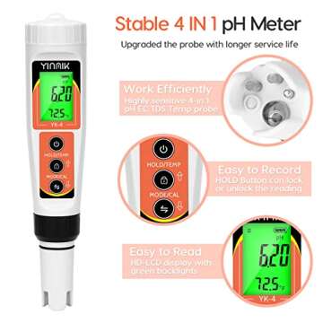 YINMIK PH Meter, Digital 4 in 1 PH EC TDS Temp Meter for Water Hydroponics, Waterproof DWC PH and EC...