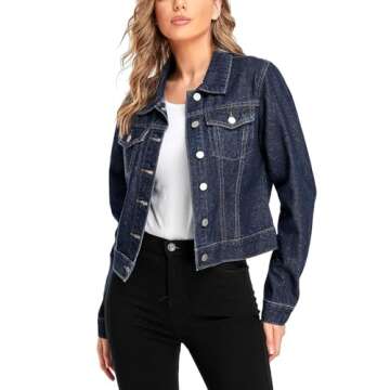 andy & natalie Women's Denim Jacket Trendy Long Sleeve Basic Button Down Crop Jean Jacket with Pocke...