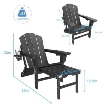 Mdeam 3-Level Adjustable Adirondack Chair with Retractable Ottoman, HDPE All-Weather Folding Fire Pit Chair with 2 Cup Holders, Outdoor Chair for Deck Patio Garden Backyard Lawn (Black)