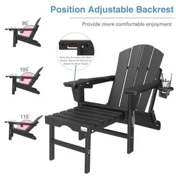 Mdeam 3-Level Adjustable Adirondack Chair with Retractable Ottoman, HDPE All-Weather Folding Fire Pit Chair with 2 Cup Holders, Outdoor Chair for Deck Patio Garden Backyard Lawn (Black)