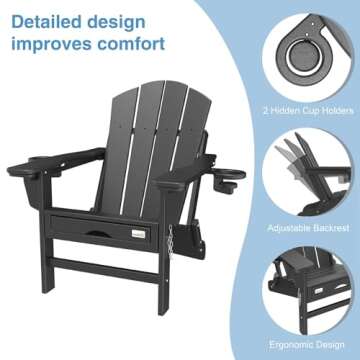 Mdeam 3-Level Adjustable Adirondack Chair with Retractable Ottoman, HDPE All-Weather Folding Fire Pit Chair with 2 Cup Holders, Outdoor Chair for Deck Patio Garden Backyard Lawn (Black)