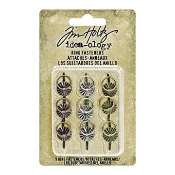 Tim Holtz Idea-ology Ring Fasteners, 9 Brad Fasteners with Fluted Tops and Attached Jump Rings, Nickel, Brass, Copper, Craft Embellishments, TH93060