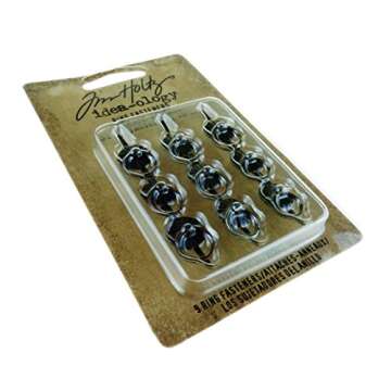 Tim Holtz Idea-ology Ring Fasteners, 9 Brad Fasteners with Fluted Tops and Attached Jump Rings, Nickel, Brass, Copper, Craft Embellishments, TH93060