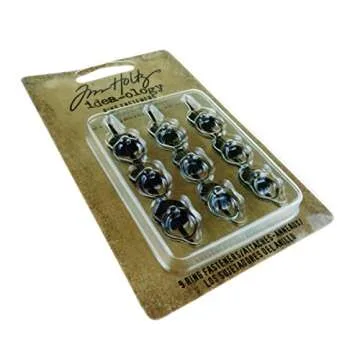 Tim Holtz Idea-ology Ring Fasteners, 9 Brad Fasteners with Fluted Tops and Attached Jump Rings, Nickel, Brass, Copper, Craft Embellishments, TH93060