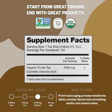 FGO Organic Pu'erh Tea, 100 Count, Eco-Conscious Black Tea Bags, Resealable Bag, Packaging May Vary (Pack of 1)