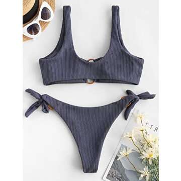 ZAFUL Women's Ribbed Solid O-Ring String Bikini Tie Side Swimsuit Two Pieces Bathing Suit Large