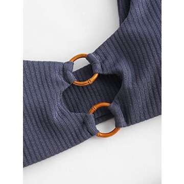 ZAFUL Women's Ribbed Solid O-Ring String Bikini Tie Side Swimsuit Two Pieces Bathing Suit Large