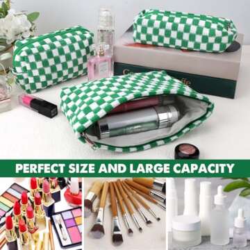 3 Pcs Makeup Bag Cosmetic Bag Set for Girls Women Checkered Travel Organizer Bathroom Toiletry Pouch Large Capacity Storage Bag(Green-White)