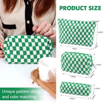 3 Pcs Makeup Bag Cosmetic Bag Set for Girls Women Checkered Travel Organizer Bathroom Toiletry Pouch Large Capacity Storage Bag(Green-White)