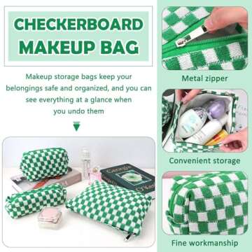 3 Pcs Makeup Bag Cosmetic Bag Set for Girls Women Checkered Travel Organizer Bathroom Toiletry Pouch Large Capacity Storage Bag(Green-White)