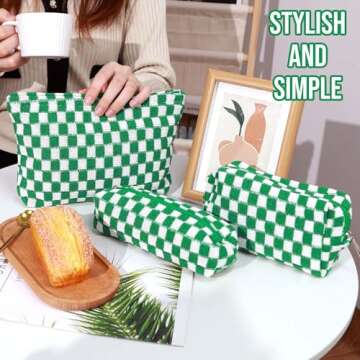 3 Pcs Makeup Bag Cosmetic Bag Set for Girls Women Checkered Travel Organizer Bathroom Toiletry Pouch Large Capacity Storage Bag(Green-White)
