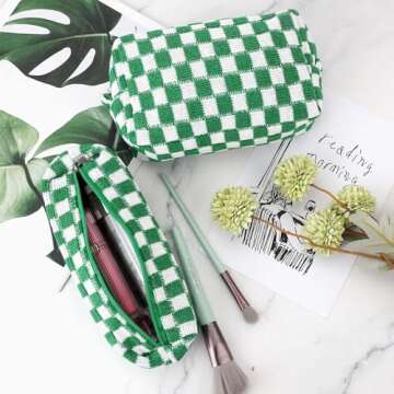 3 Pcs Makeup Bag Cosmetic Bag Set for Girls Women Checkered Travel Organizer Bathroom Toiletry Pouch Large Capacity Storage Bag(Green-White)