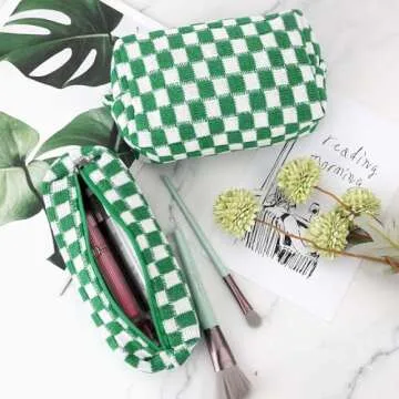 3 Pcs Makeup Bag Cosmetic Bag Set for Girls Women Checkered Travel Organizer Bathroom Toiletry Pouch Large Capacity Storage Bag(Green-White)