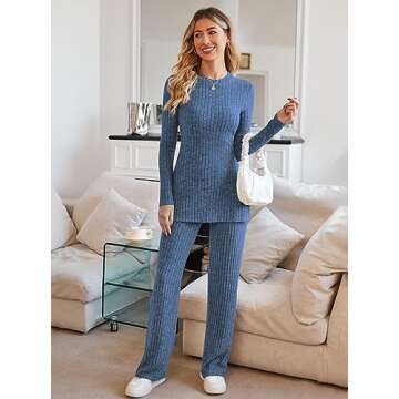 Alealiy 2-Piece Ribbed Pajamas Lounge Sets Knit Outfits Women Matching Pajama Set Long Sleeve Pullover Flare Pant Sleepwear Loungewear Light Blue L