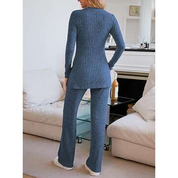 Alealiy 2-Piece Ribbed Pajamas Lounge Sets Knit Outfits Women Matching Pajama Set Long Sleeve Pullover Flare Pant Sleepwear Loungewear Light Blue L