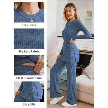 Alealiy 2-Piece Ribbed Pajamas Lounge Sets Knit Outfits Women Matching Pajama Set Long Sleeve Pullover Flare Pant Sleepwear Loungewear Light Blue L
