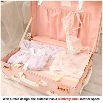 urecity Cute Aesthetic Vintage Rolling Trunk Suitcase, Pretty Retro Designer Travel Suitcases, Leather Luggage with Combination Lock (Elegant Pink, 26")