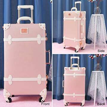 urecity Cute Aesthetic Vintage Rolling Trunk Suitcase, Pretty Retro Designer Travel Suitcases, Leather Luggage with Combination Lock (Elegant Pink, 26")