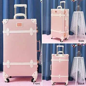 urecity Cute Aesthetic Vintage Rolling Trunk Suitcase, Pretty Retro Designer Travel Suitcases, Leather Luggage with Combination Lock (Elegant Pink, 26")
