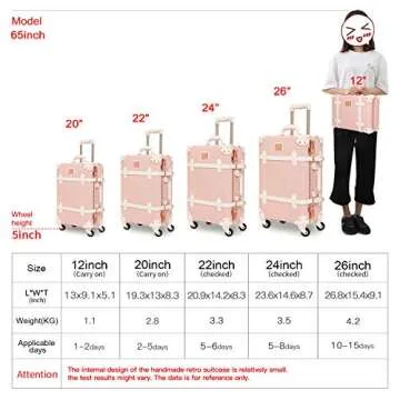 urecity Cute Aesthetic Vintage Rolling Trunk Suitcase, Pretty Retro Designer Travel Suitcases, Leather Luggage with Combination Lock (Elegant Pink, 26")